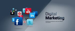 Digital marketing illustration showing SEO, social media marketing, content marketing, analytics, and online business growth.
