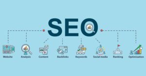 SEO illustration with keyword research, website optimization, and Google search rankings.